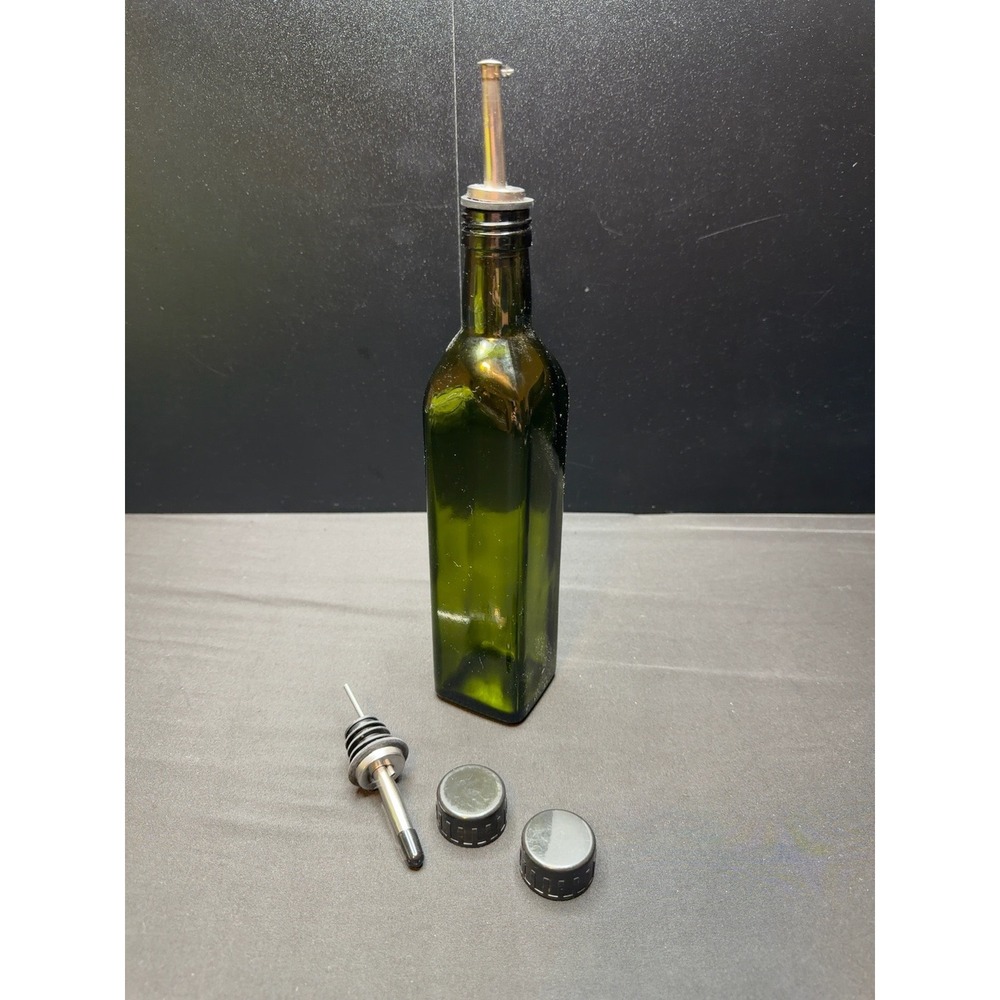 Green Glass Olive Oil Vinegar Cruet Bottle w 2 Pour Spouts & 2 Caps